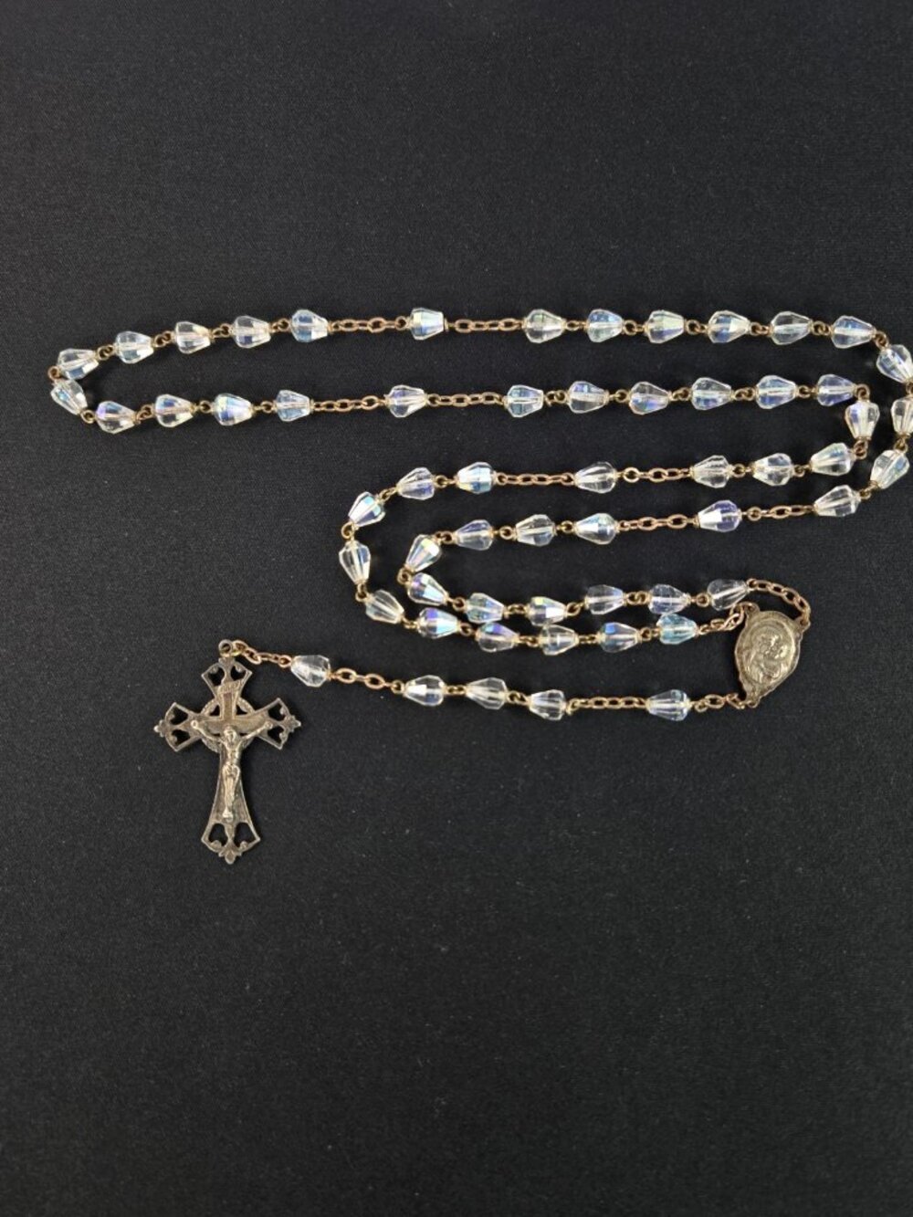 Vintage Rosary Teardrop Glass Beads Aurora Borealis Scapular Medal